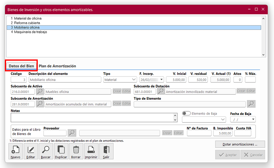 Ventana Bienes de Inversión y otros elementos amortizables en ClassicConta 7.